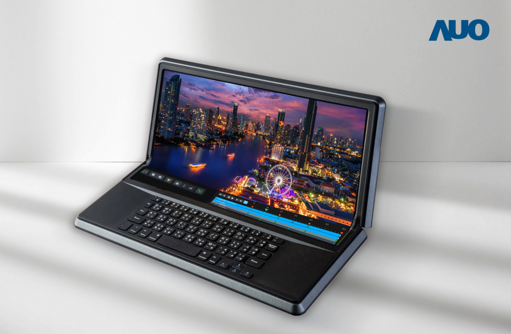 hth·华体14.6吋Micro LED折迭显示屏幕，搭配半径4mm的弯折绞炼，以及高画素、高亮度、高对比度的显示技术特点，即便在大视角下仍保有绝佳色相与亮度